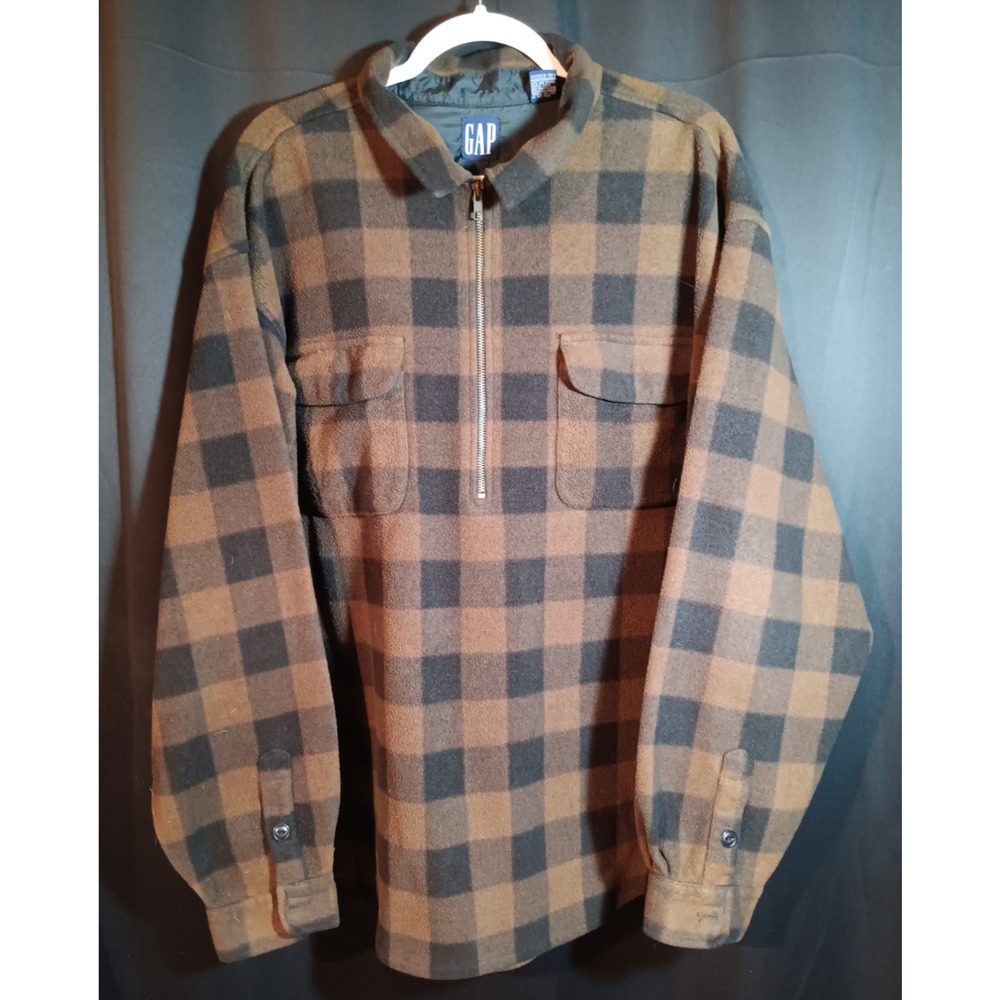 Gap Buffalo Plaid Fleece Pullover XL 1/4 Zip Vintage Brown Black Outdoors Cozy